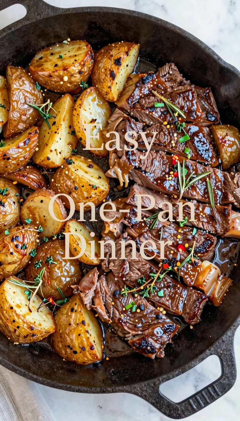 Save this Rustic skillet meal with steak and potatoes, shallow depth of field, marble background, 