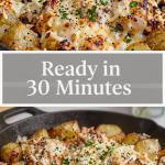 Garlic parmesan chicken and potatoes in cast iron skillet, cheesy, parsley garnish.