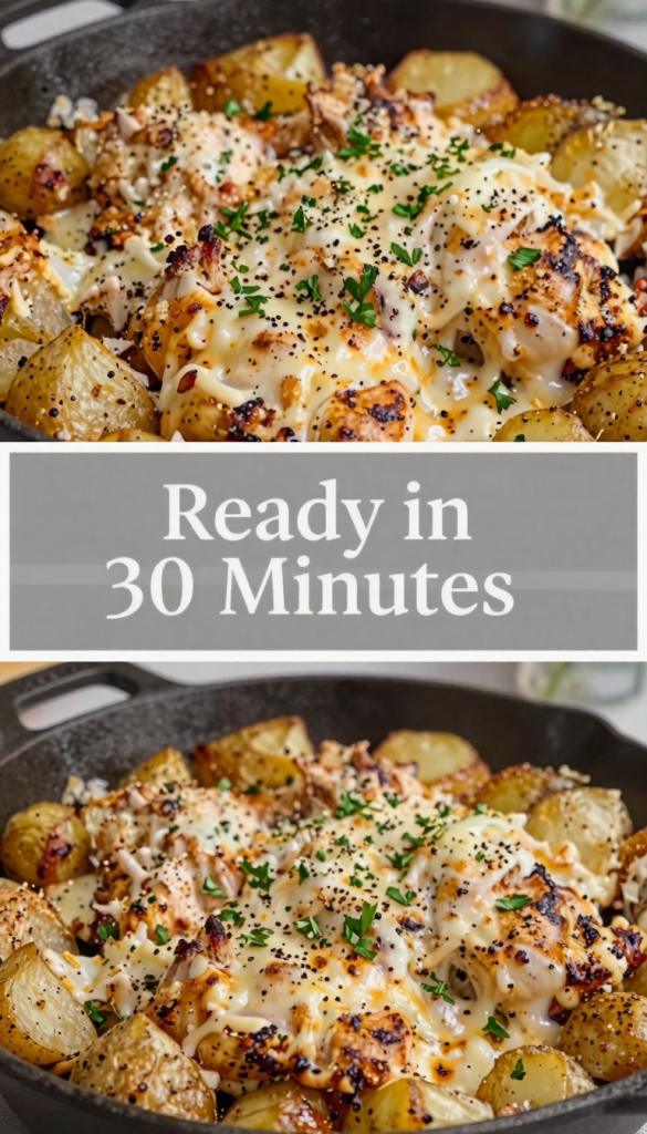 Garlic parmesan chicken and potatoes in cast iron skillet, cheesy, parsley garnish.
