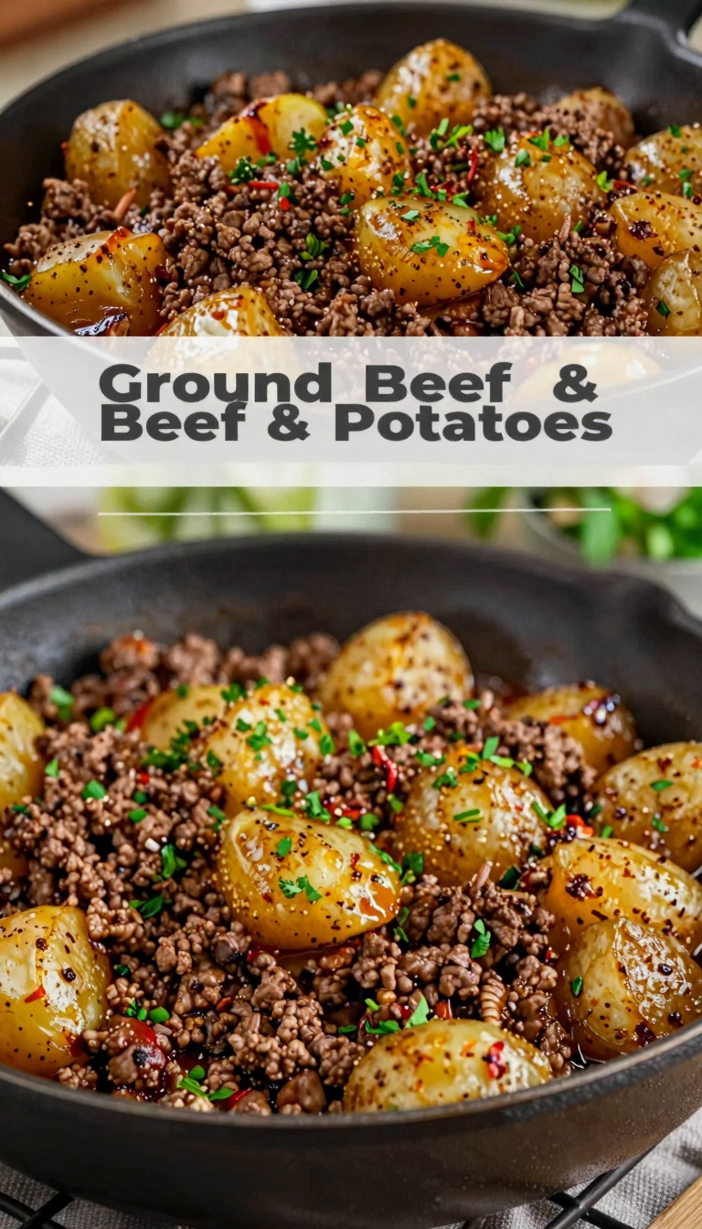 Save this Skillet of beef and potatoes, bright lighting. on Pinterest