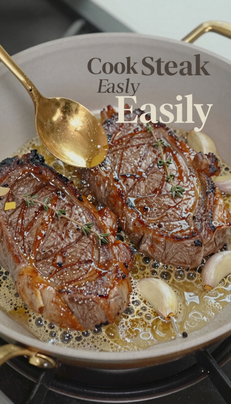 Save this Close-up of two steaks being basted in a pan. on Pinterest