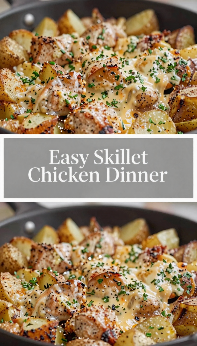 Save this Close up of a cheesy skillet chicken dinner. on Pinterest