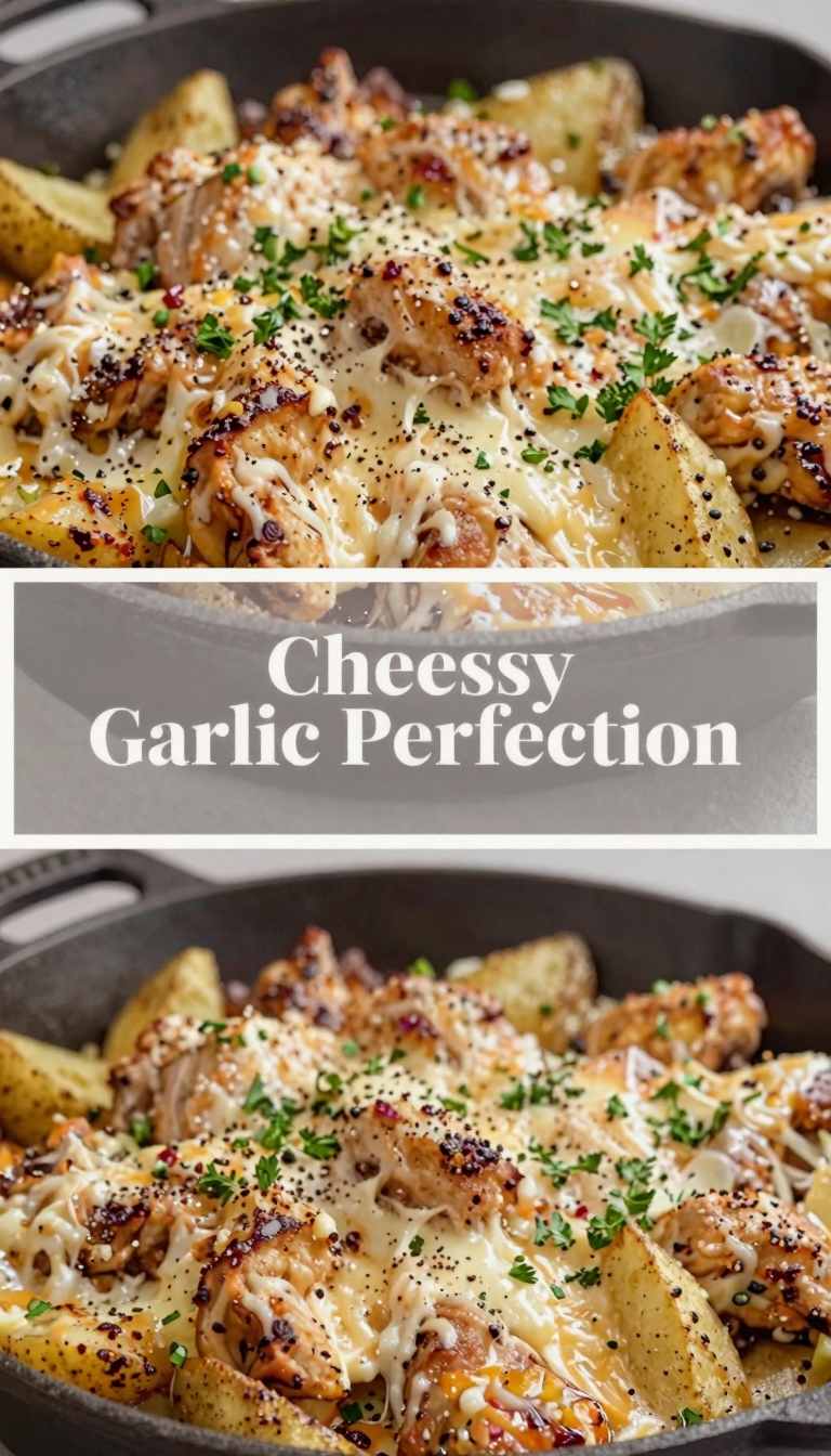 Save this Roasted chicken and potatoes skillet, cheese topping, parsley garnish. on Pinterest