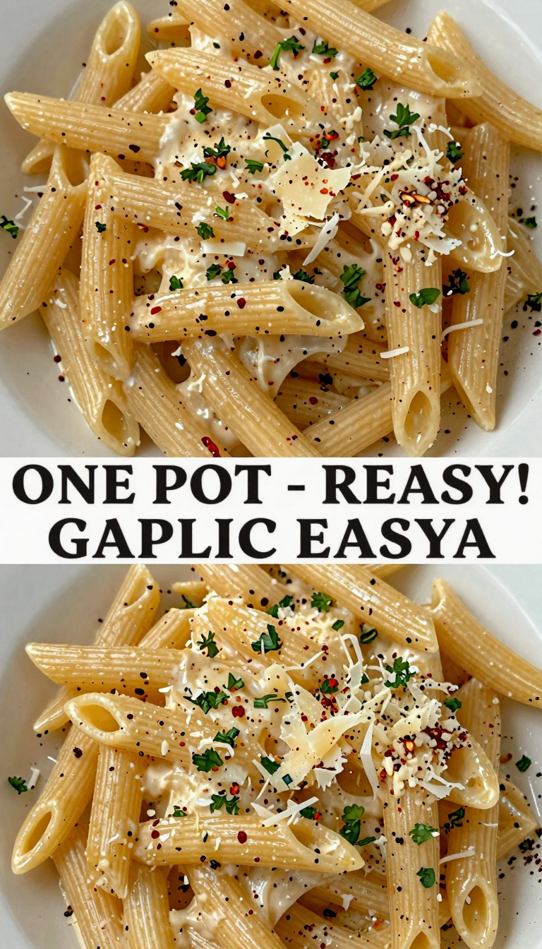 Save this Creamy garlic pasta on a white plate, split image with 