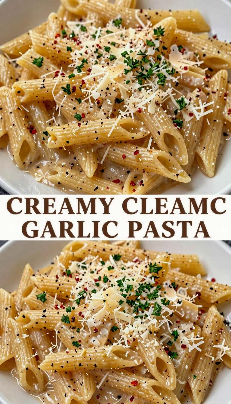Save this Two close-up shots of creamy garlic pasta separated by text, featuring penne, parsley, and red pepper flakes. on Pinterest