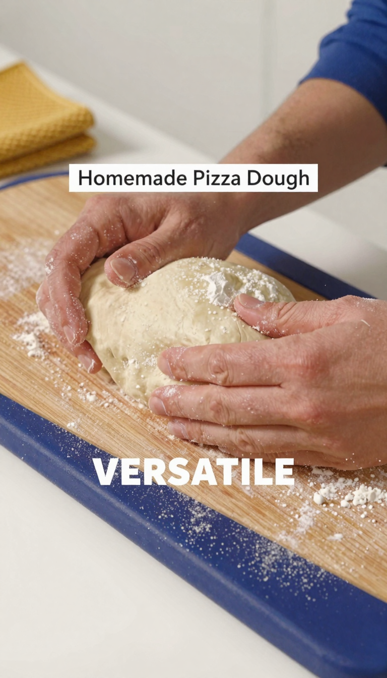 Save this Close-up of hands preparing pizza dough on a floured wooden cutting board, text overlay: 