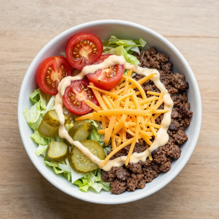 A delicious savory smash burger bowl filled with lettuce, tomatoes, and burger patties.