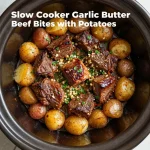 Close-up of tender beef bites and potato chunks coated in garlic butter sauce, served in a slow cooker.