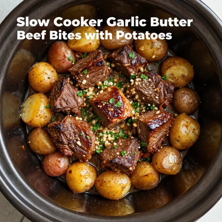 Close-up of tender beef bites and potato chunks coated in garlic butter sauce, served in a slow cooker.