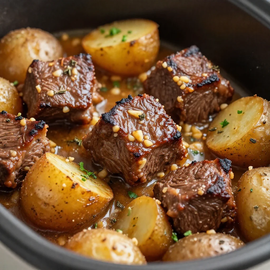 Close-up of tender beef bites and potato chunks coated in garlic butter sauce, served in a slow cooker.