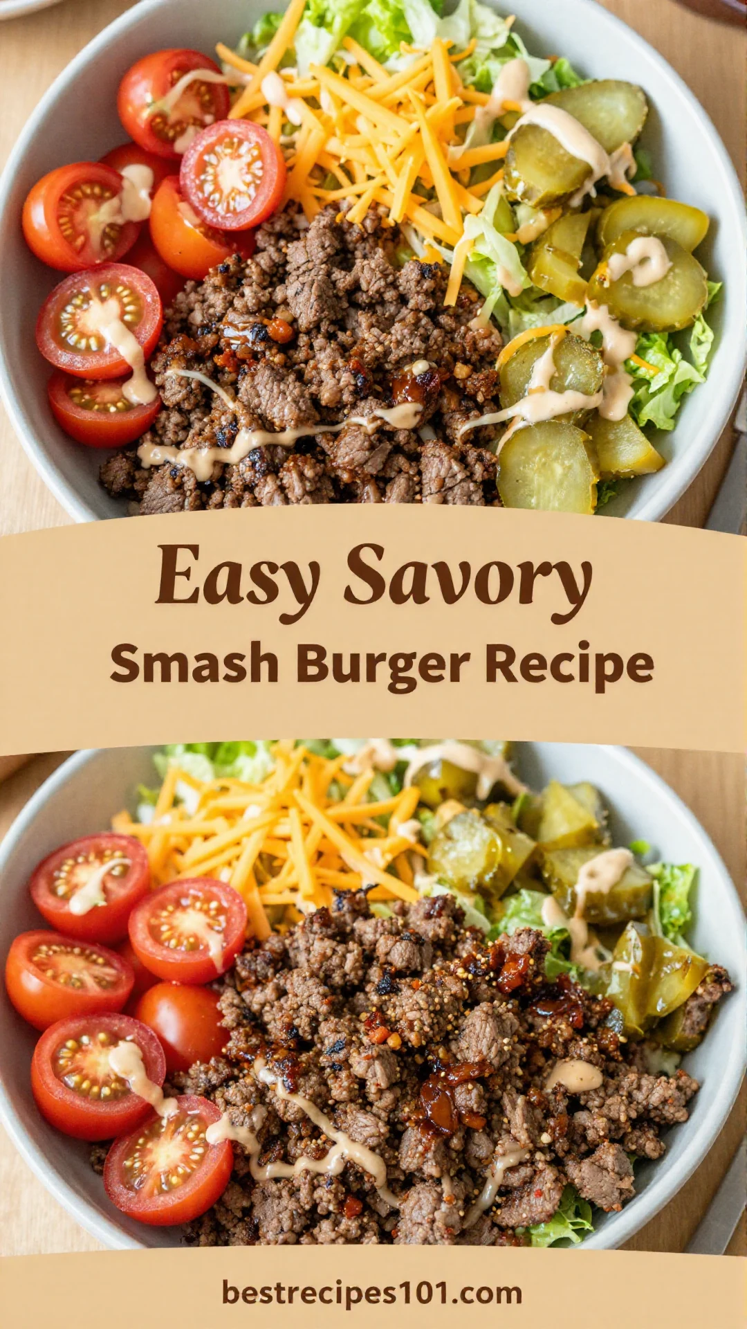 A delicious savory smash burger bowl filled with lettuce, tomatoes, and burger patties.