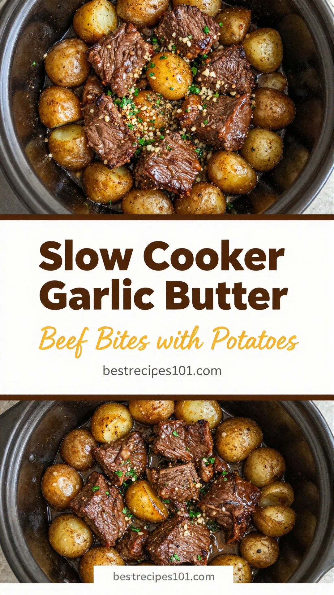 Close-up of tender beef bites and potato chunks coated in garlic butter sauce, served in a slow cooker.
