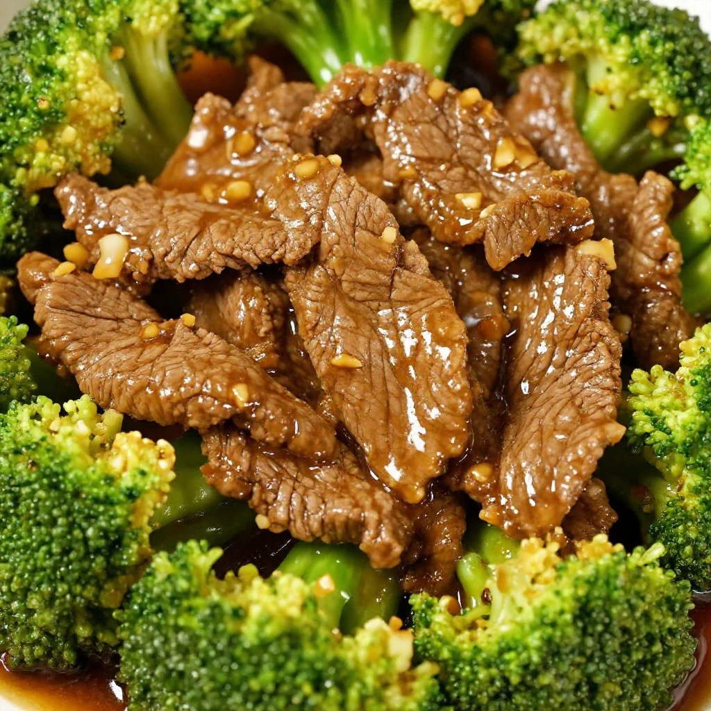 A close-up shot of a serving of Chinese beef and broccoli stir-fry in a white bowl, garnished with sesame seeds.