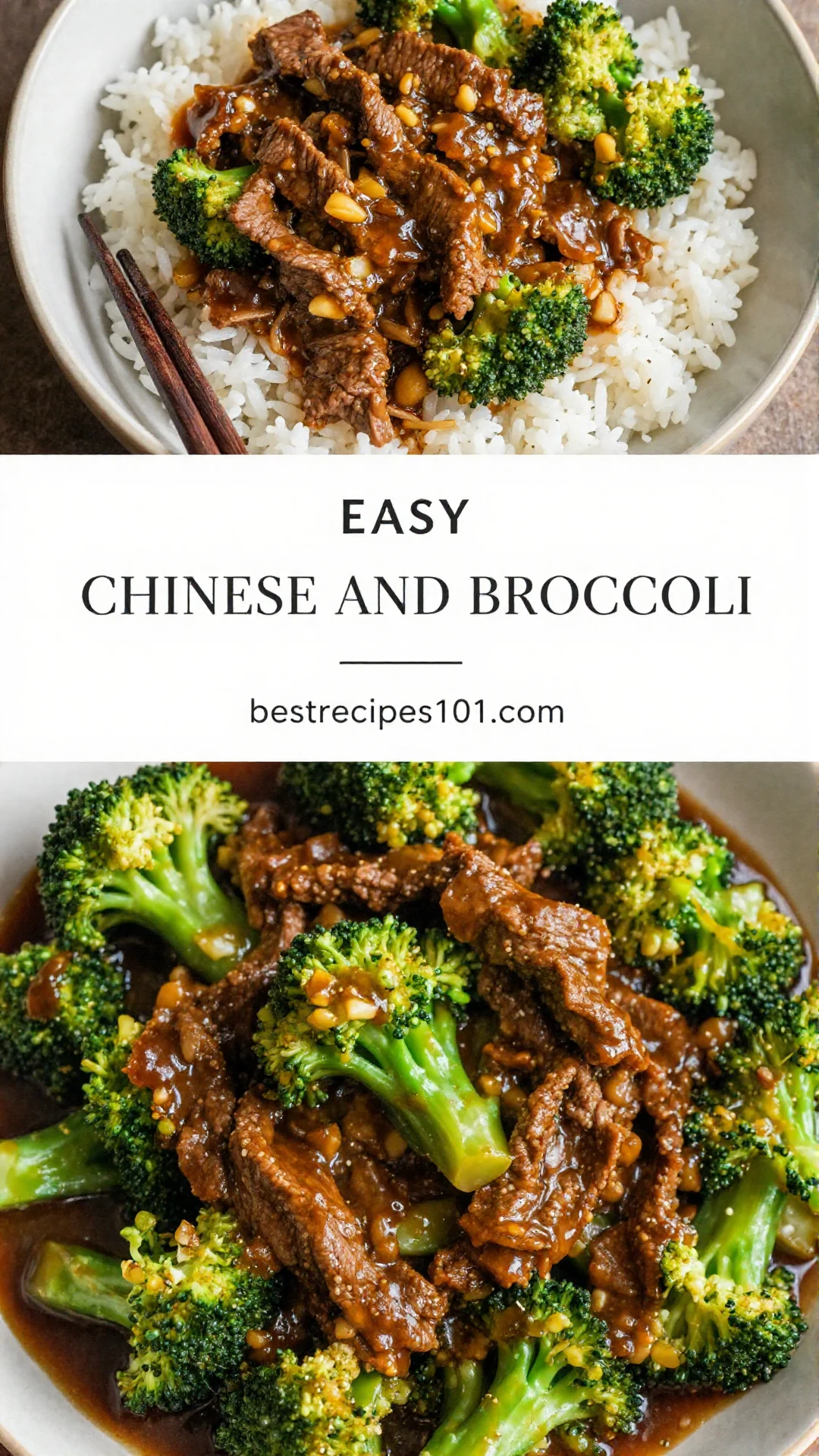 A close-up shot of a serving of Chinese beef and broccoli stir-fry in a white bowl, garnished with sesame seeds.