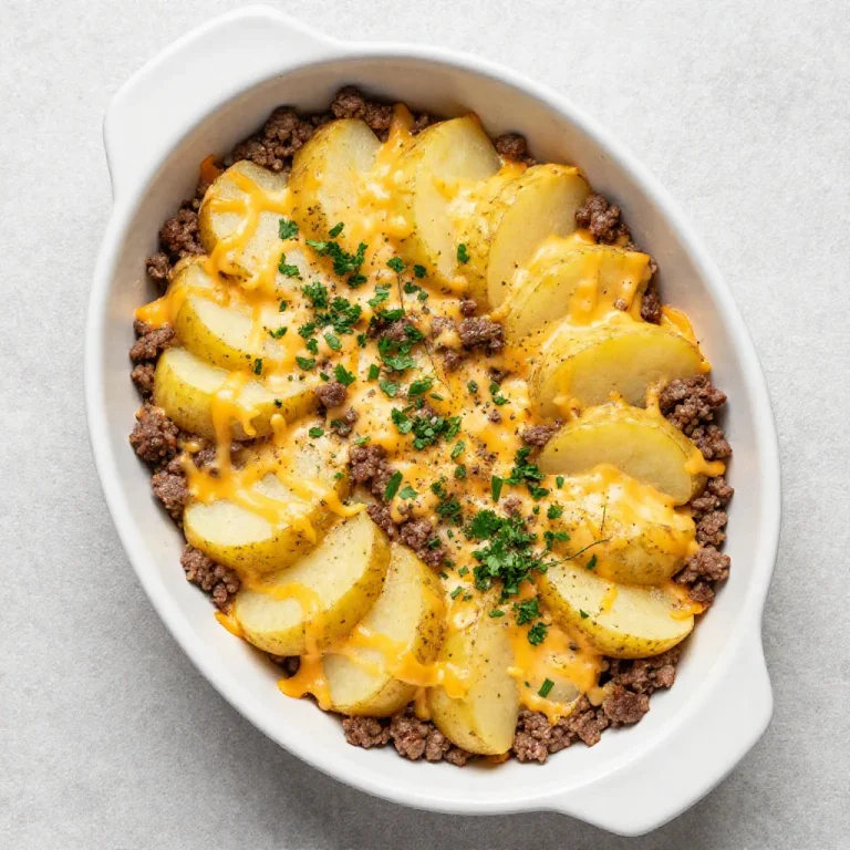 A close-up shot of a bubbling hot hobo casserole with ground beef, potatoes, and vegetables in a baking dish, ready to serve.