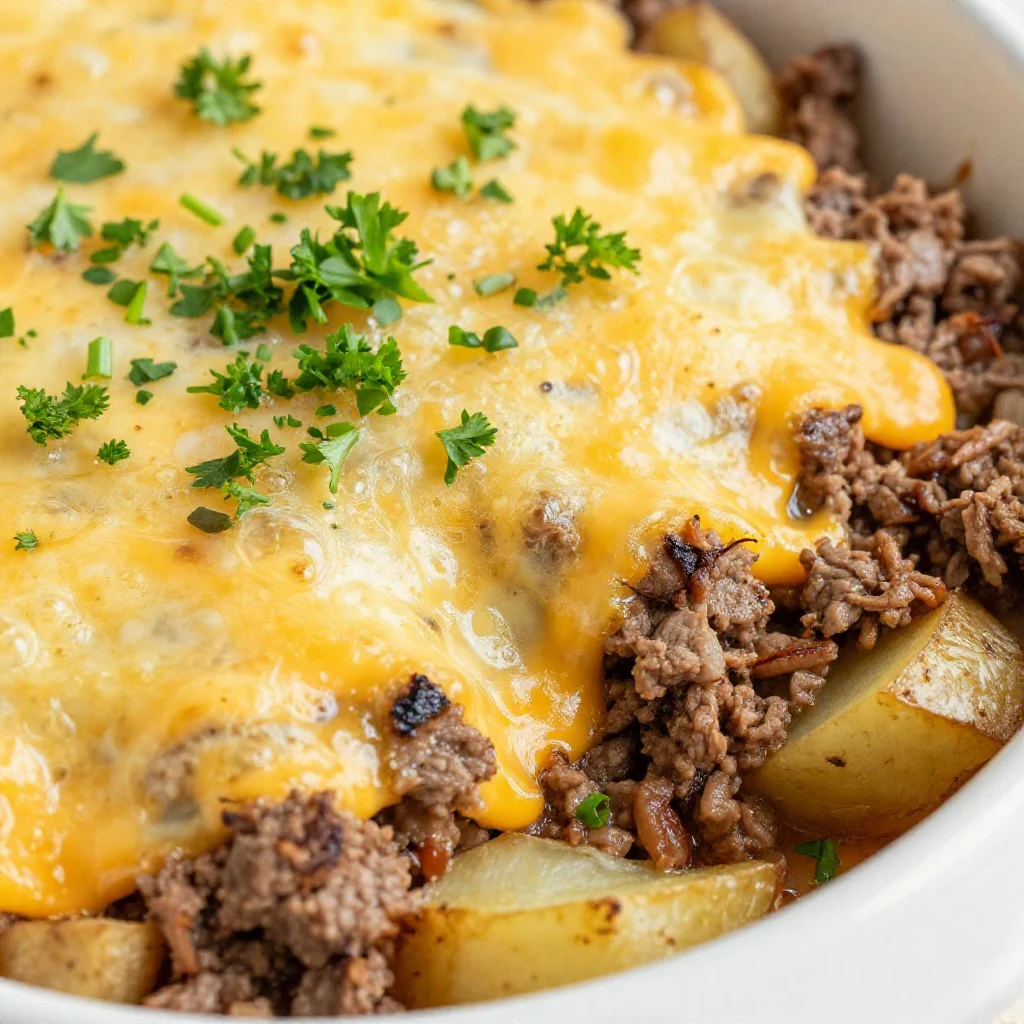 A close-up shot of a bubbling hot hobo casserole with ground beef, potatoes, and vegetables in a baking dish, ready to serve.