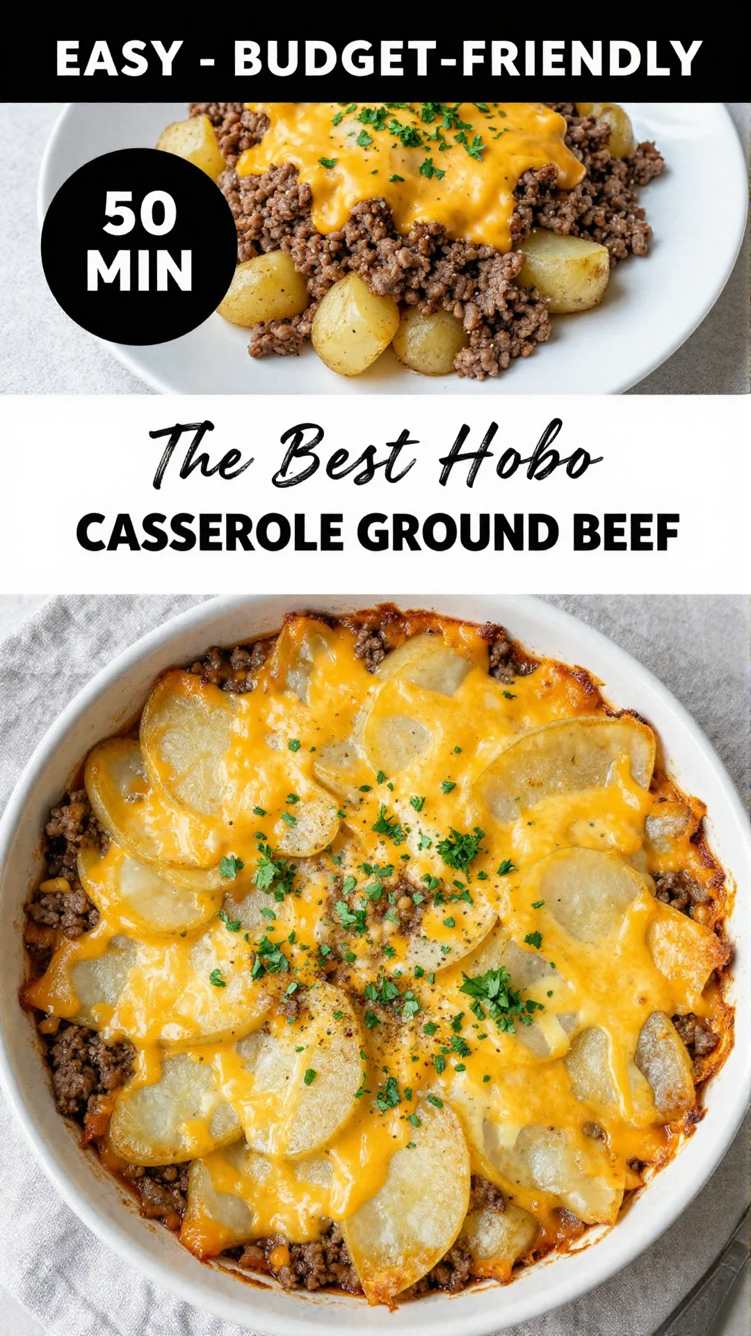 A close-up shot of a bubbling hot hobo casserole with ground beef, potatoes, and vegetables in a baking dish, ready to serve.