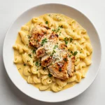 A close-up shot of creamy garlic parmesan chicken pasta in a white bowl, garnished with fresh parsley.