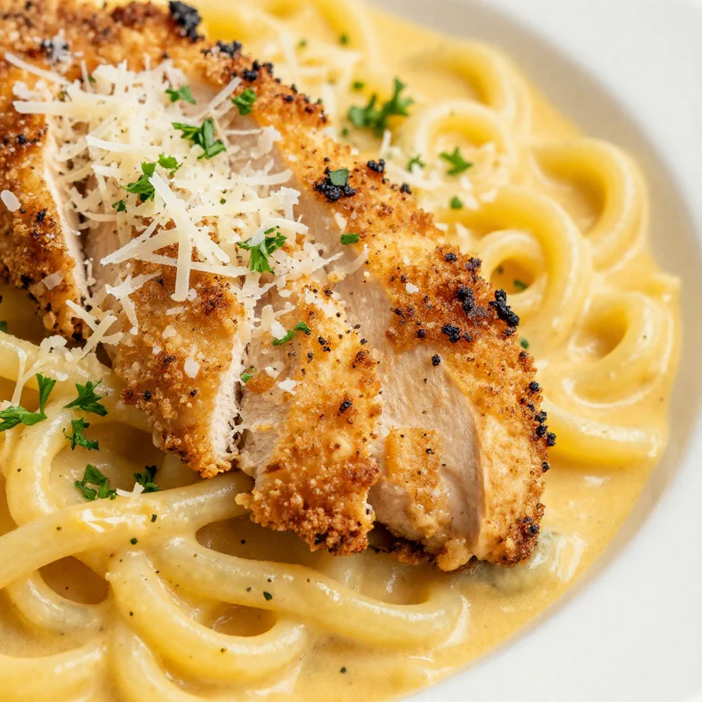 A close-up shot of creamy garlic parmesan chicken pasta in a white bowl, garnished with fresh parsley.