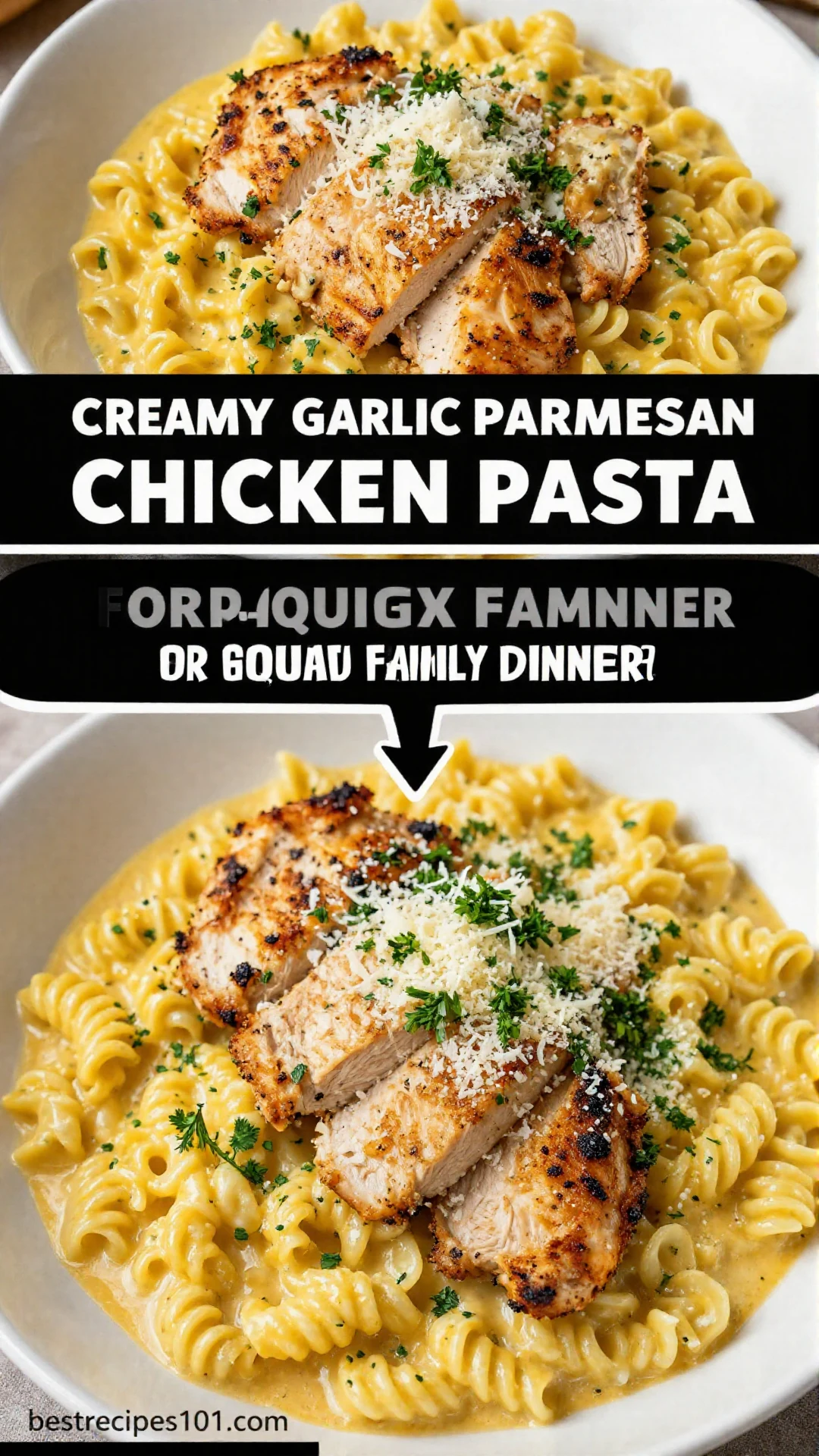 A close-up shot of creamy garlic parmesan chicken pasta in a white bowl, garnished with fresh parsley.