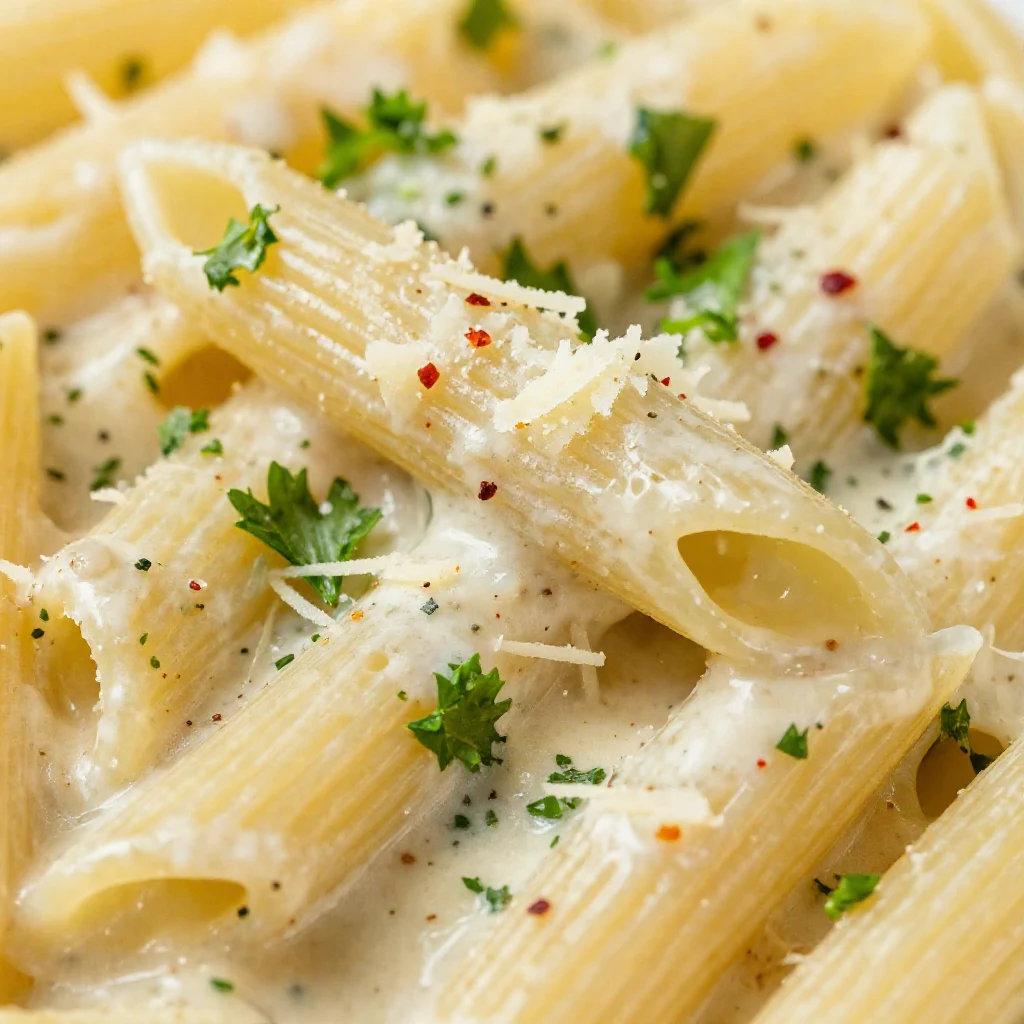 A close-up shot of creamy garlic pasta in a single pot, garnished with fresh parsley.