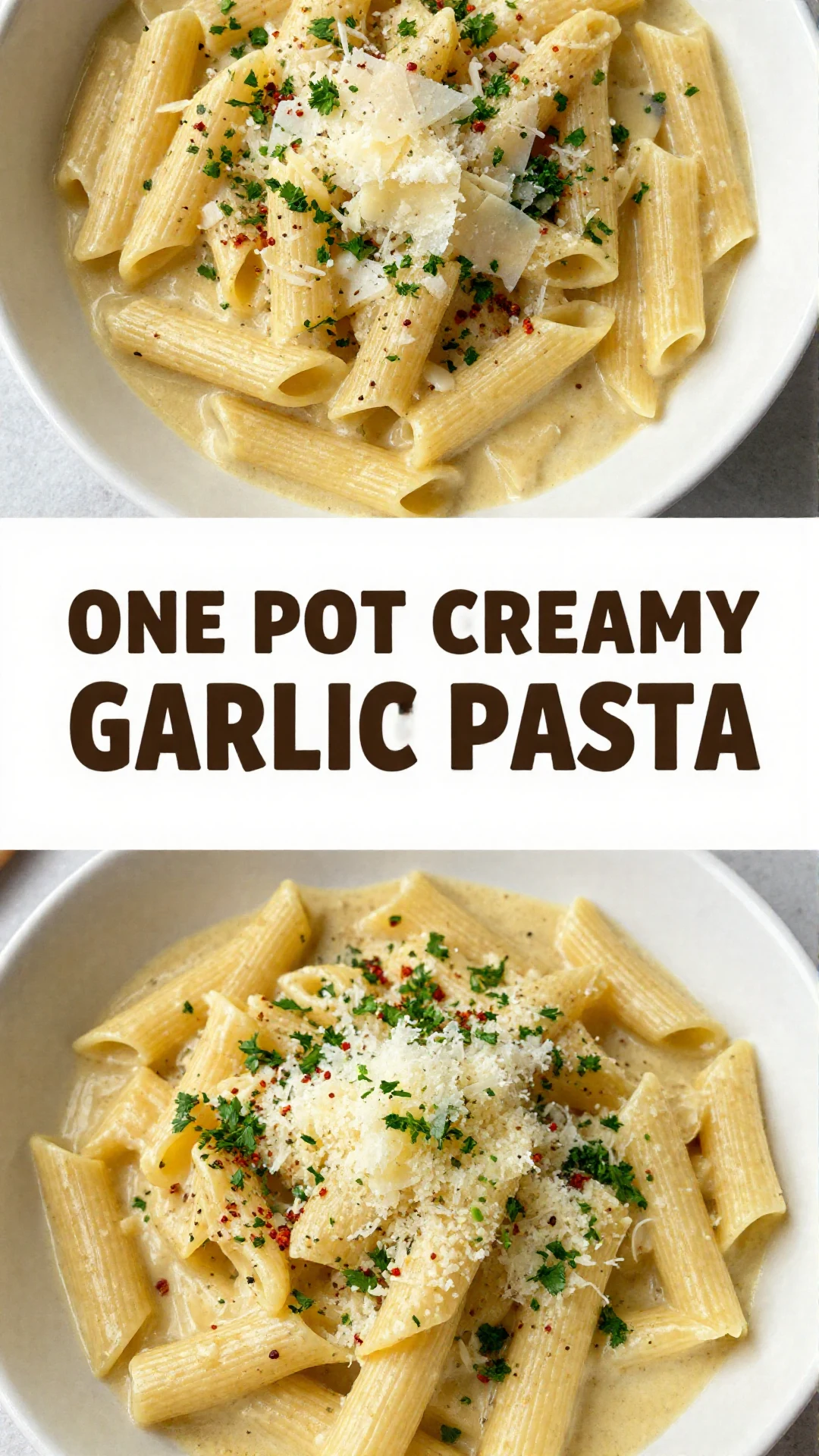 A close-up shot of creamy garlic pasta in a single pot, garnished with fresh parsley.