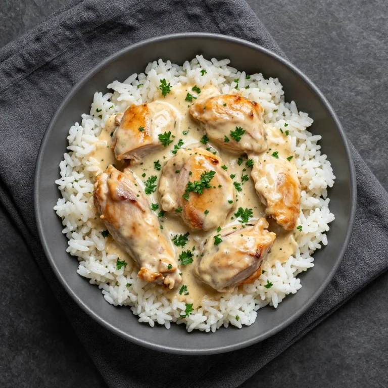 A close-up of a skillet filled with creamy smothered chicken and rice, garnished with fresh parsley.
