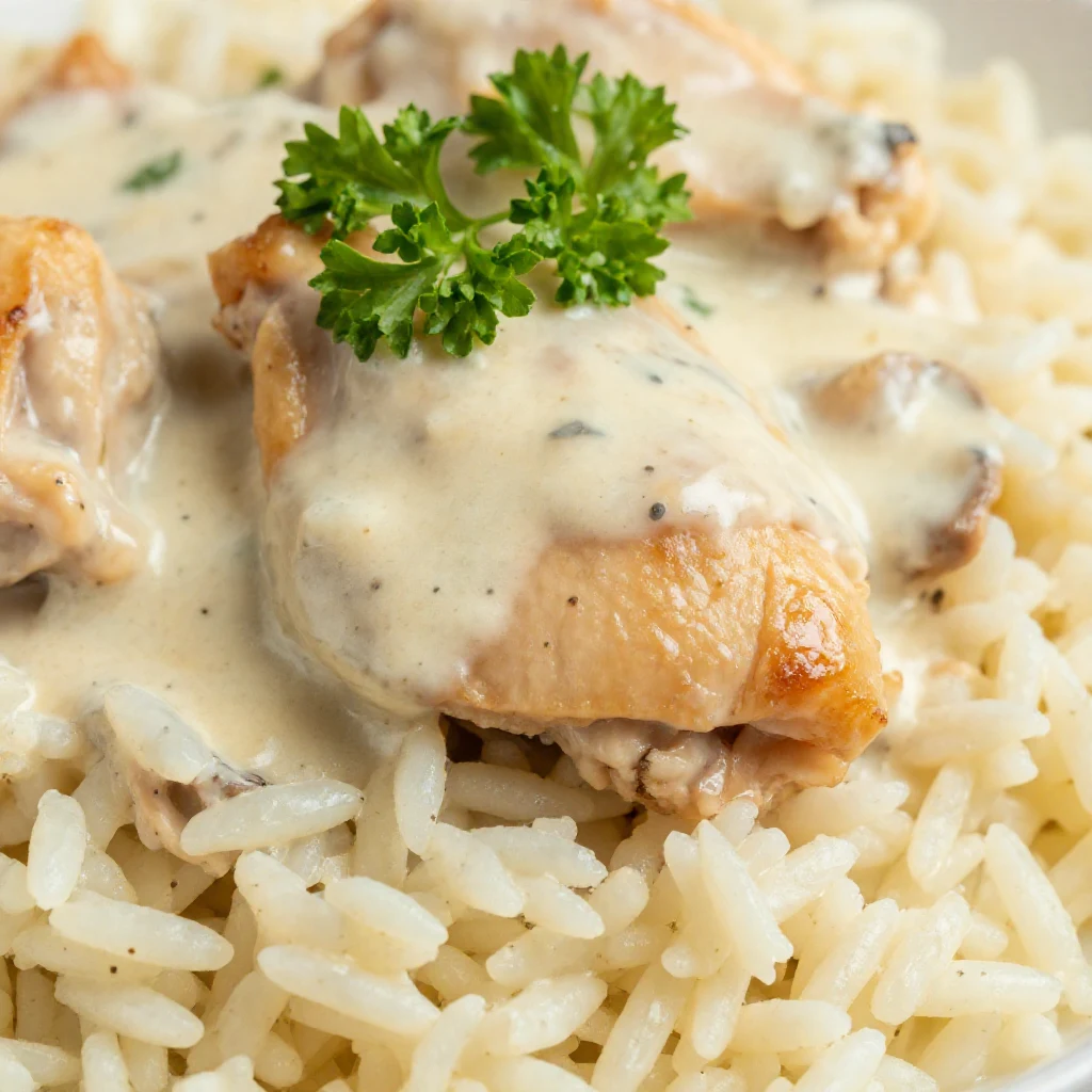 A close-up of a skillet filled with creamy smothered chicken and rice, garnished with fresh parsley.