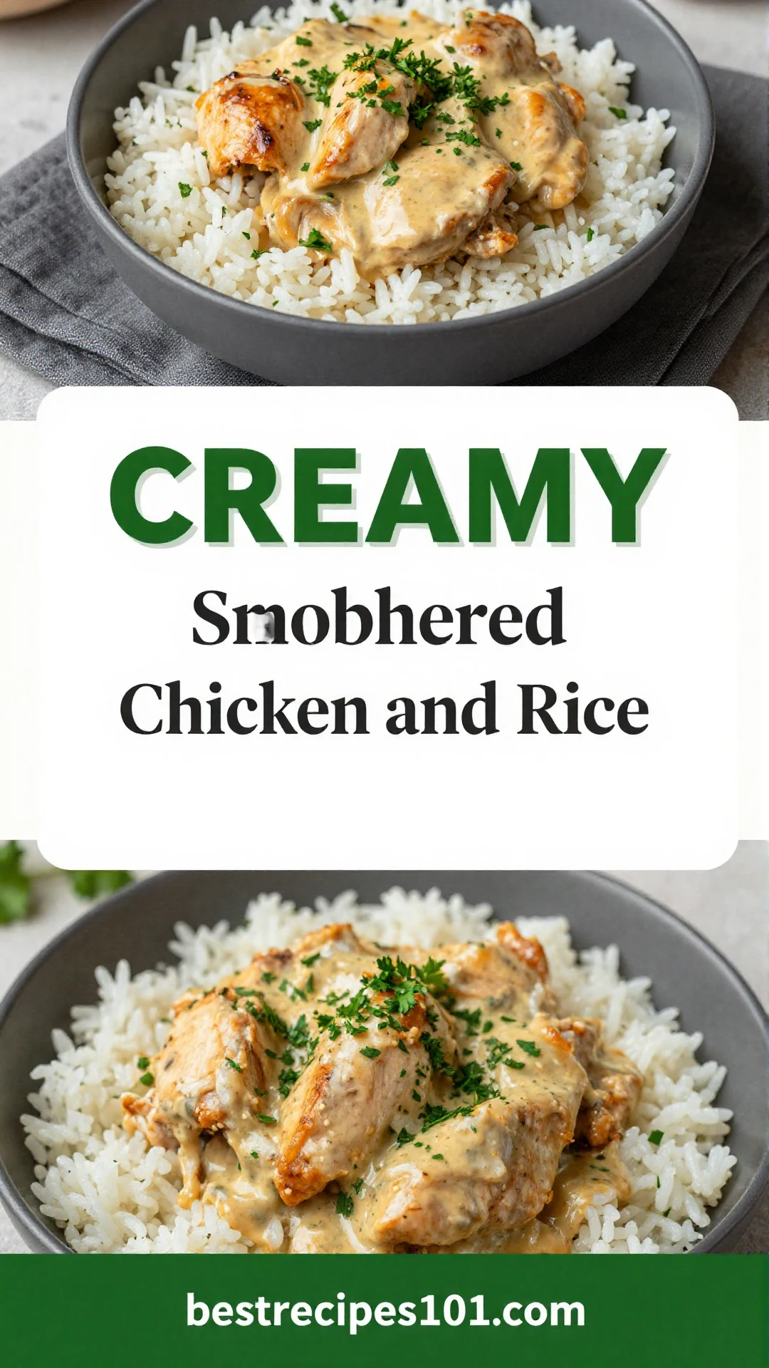 A close-up of a skillet filled with creamy smothered chicken and rice, garnished with fresh parsley.