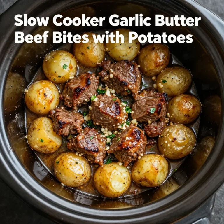 A plate of slow cooker garlic butter beef bites served with golden roasted potatoes