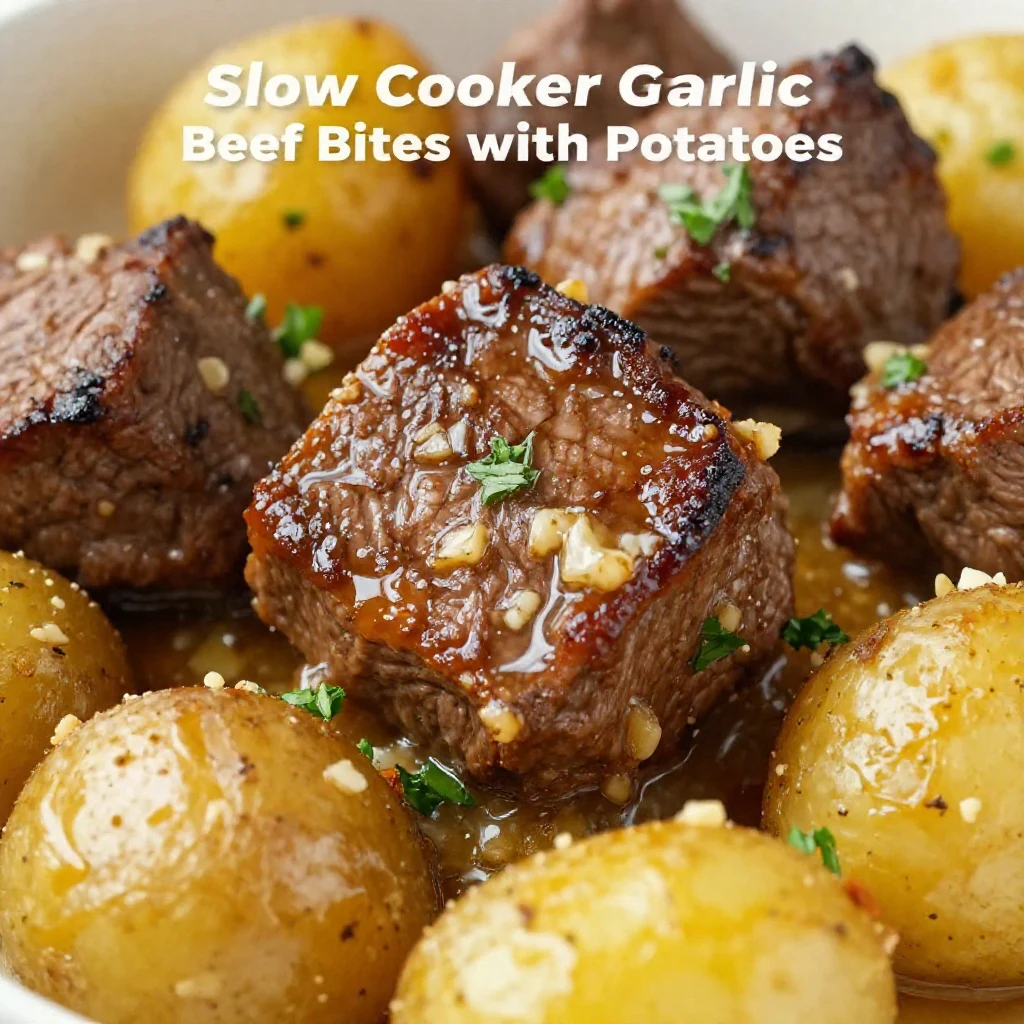 A plate of slow cooker garlic butter beef bites served with golden roasted potatoes