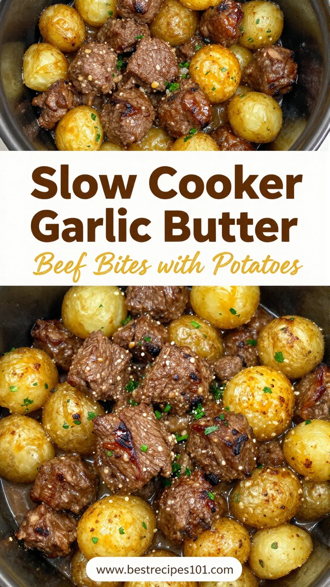 A plate of slow cooker garlic butter beef bites served with golden roasted potatoes