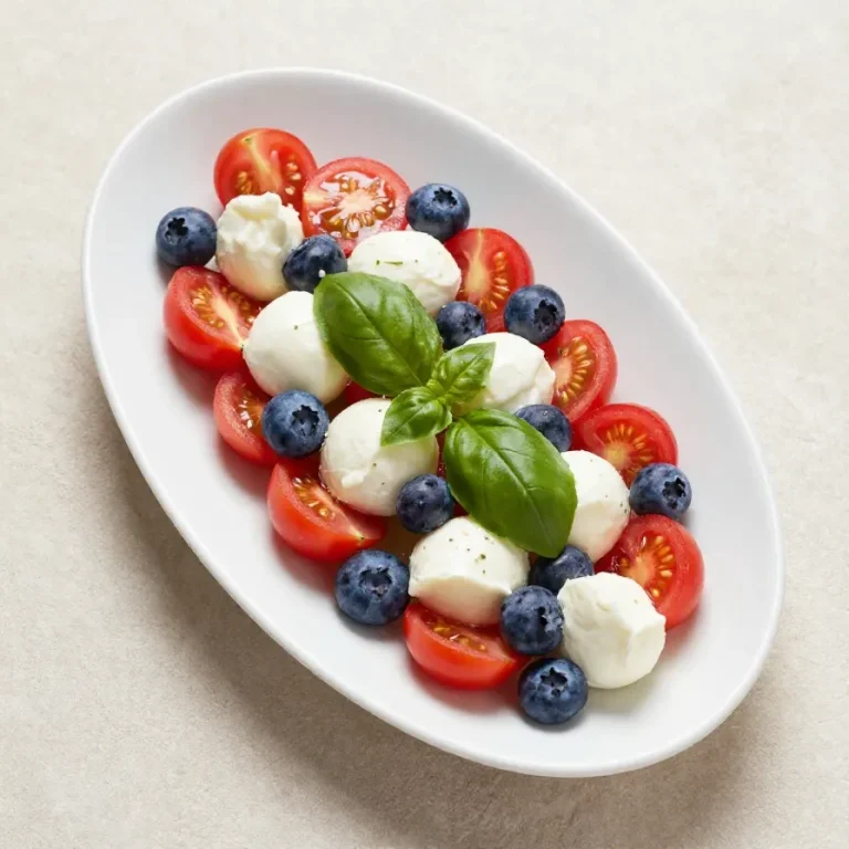A vibrant plate of Red, White & Blueberry Caprese Salad with fresh mozzarella, basil, cherry tomatoes, and blueberries.