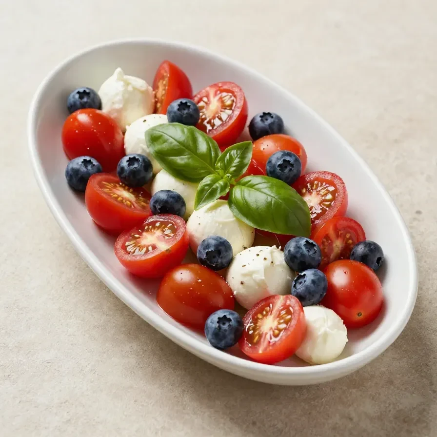 A vibrant plate of Red, White & Blueberry Caprese Salad with fresh mozzarella, basil, cherry tomatoes, and blueberries.