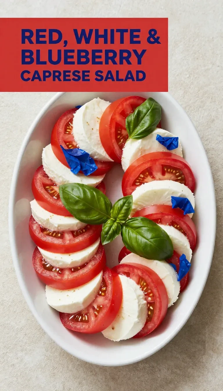 A vibrant plate of Red, White & Blueberry Caprese Salad with fresh mozzarella, basil, cherry tomatoes, and blueberries.