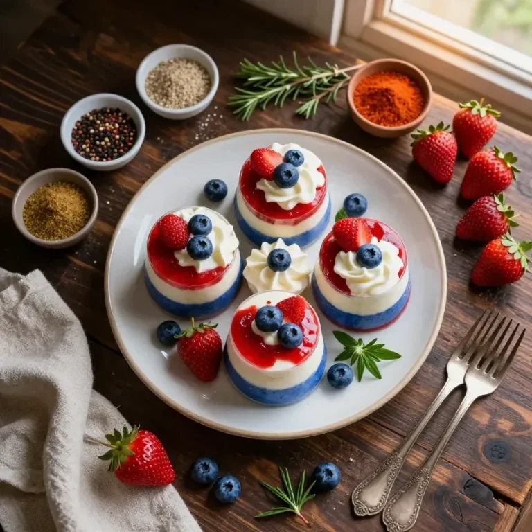 Layered red, white, and blue dirt cups topped with festive sprinkles for the 4th of July.