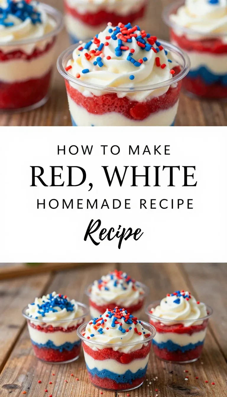 Layered red, white, and blue dirt cups topped with festive sprinkles for the 4th of July.
