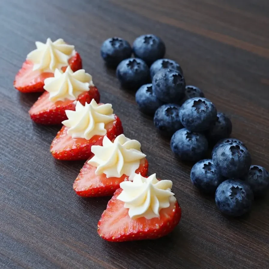 Close-up of red, white, and blue cheesecake-filled strawberries arranged on a plate.