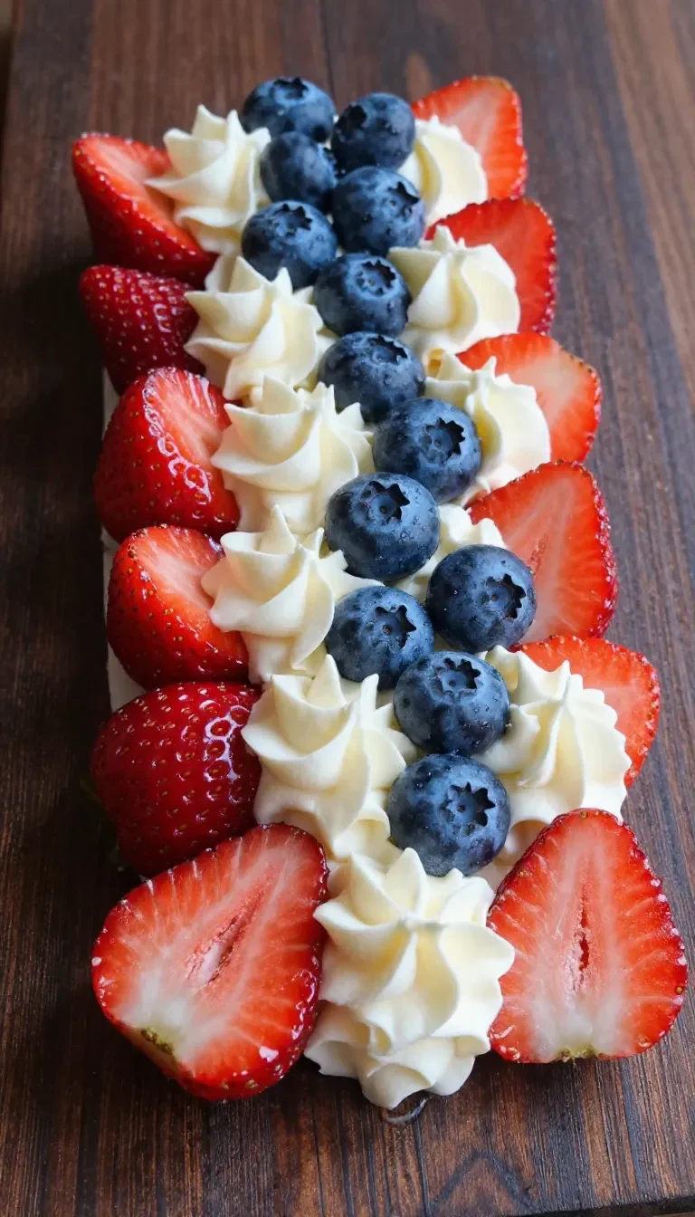 Close-up of red, white, and blue cheesecake-filled strawberries arranged on a plate.
