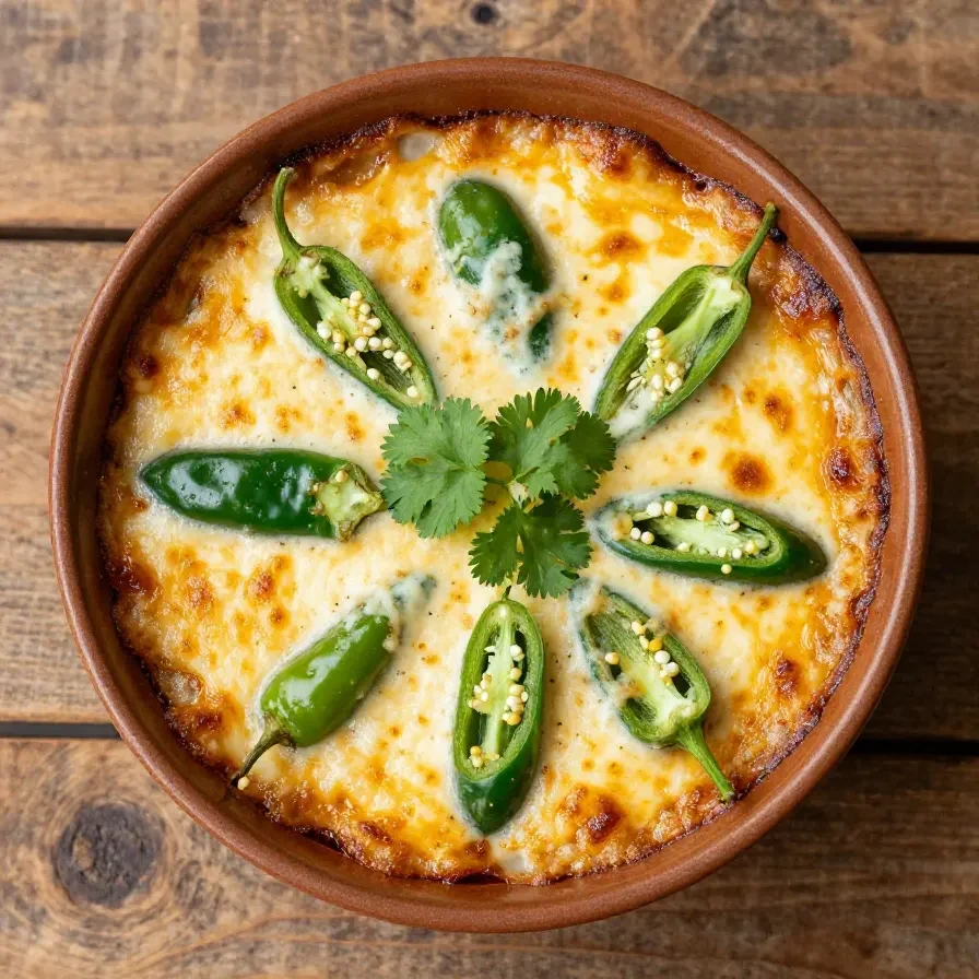 A creamy Hatch Green Chile Cheese Dip served in a rustic bowl, topped with fresh herbs.