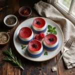 Layered dessert cups with red, white, and blue fillings topped with festive sprinkles.