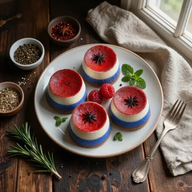 Layered dessert cups with red, white, and blue fillings topped with festive sprinkles.