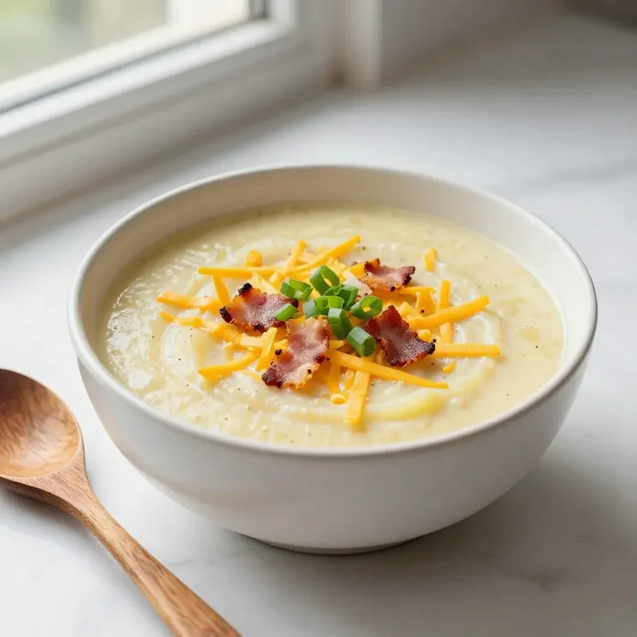 A bowl of creamy potato soup garnished with green onions and crispy bacon