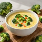 A bowl of high protein broccoli cheddar soup garnished with fresh herbs