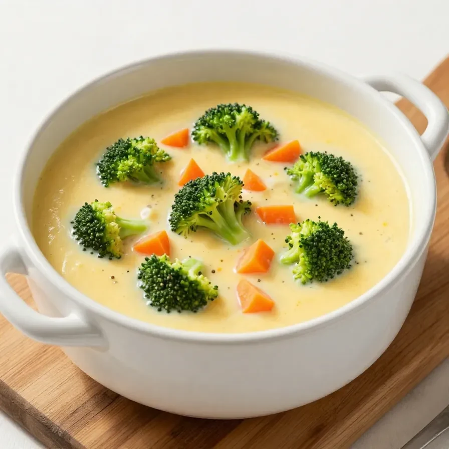 A bowl of high protein broccoli cheddar soup garnished with fresh herbs