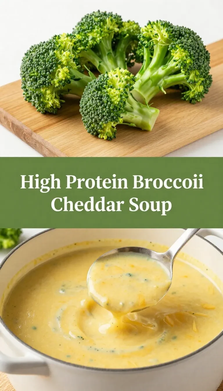 A bowl of high protein broccoli cheddar soup garnished with fresh herbs