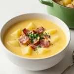 A warm bowl of chicken potato soup garnished with fresh herbs