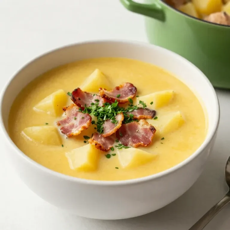 Chicken Potato Soup A warm bowl of chicken potato soup garnished with fresh herbs