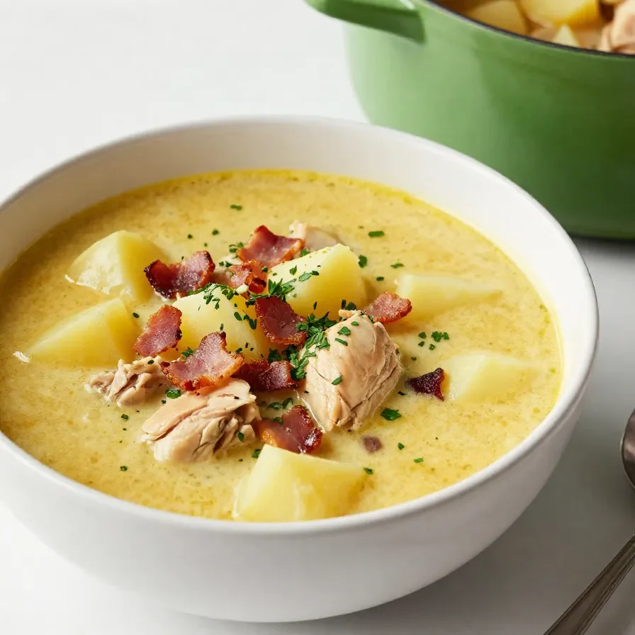 A warm bowl of chicken potato soup garnished with fresh herbs