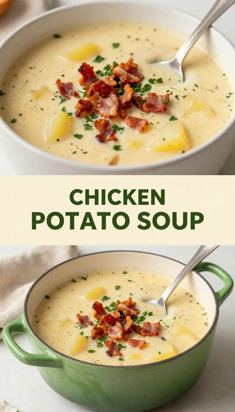 A warm bowl of chicken potato soup garnished with fresh herbs